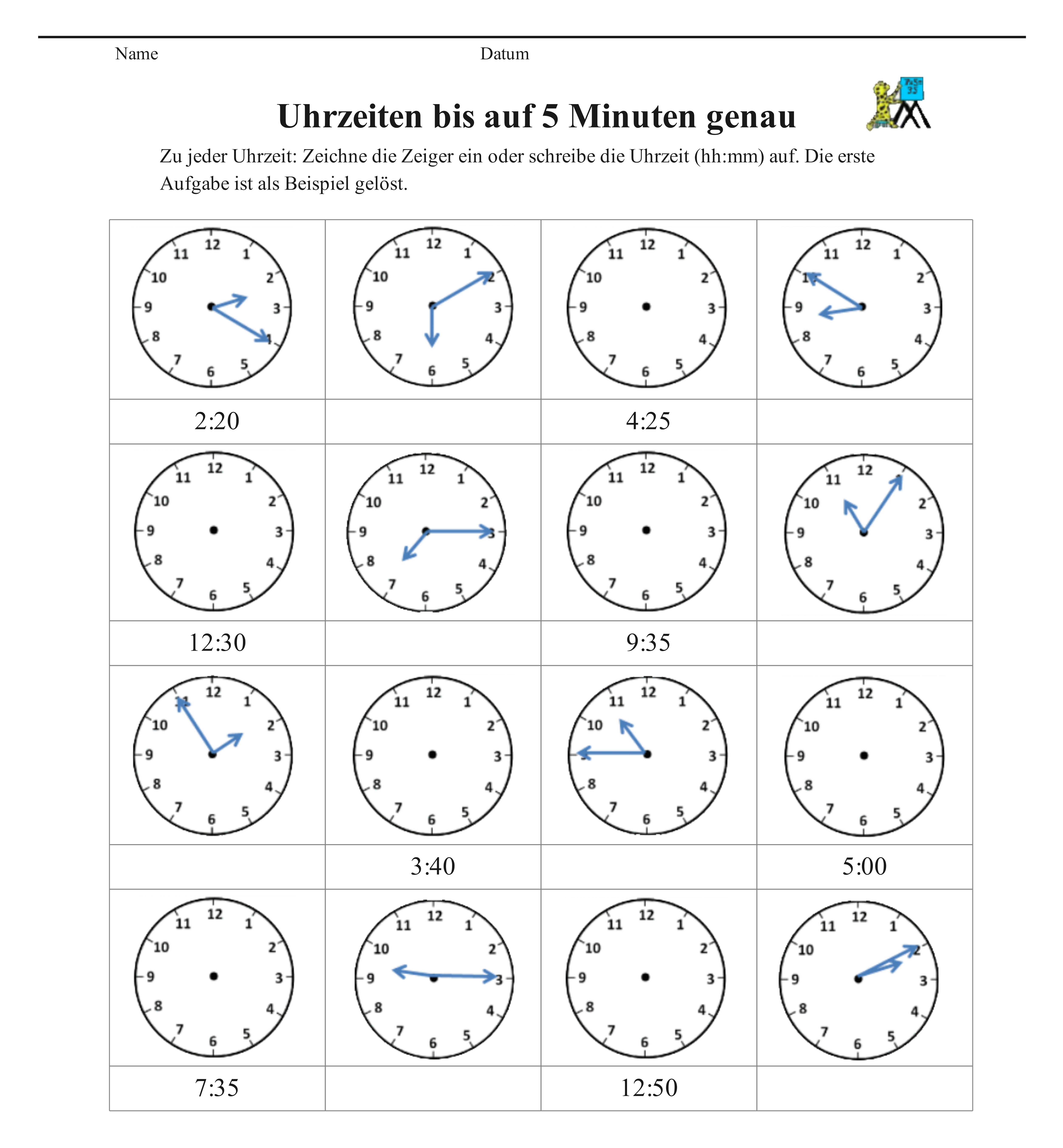 Uhrzeiten lesen – 5-Minuten-Genauigkeit
