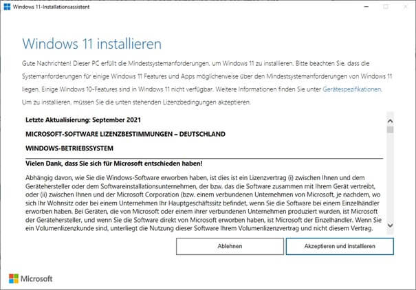 Installation von Windows 11 akzeptieren 