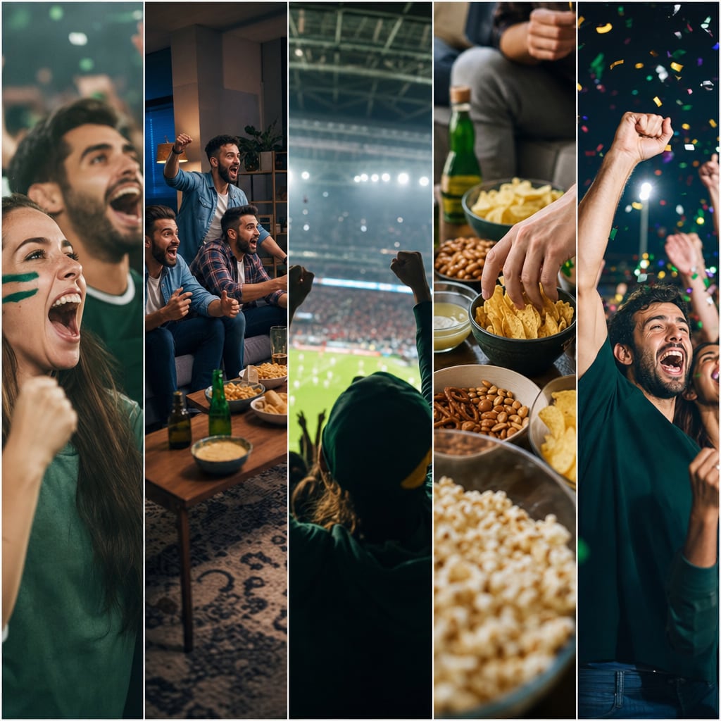 Collage aus vertikalen Fußballvideos mit Fan-Reaktionen, Watch-Party-Momenten und stimmungsvollen Social-Media-Clips