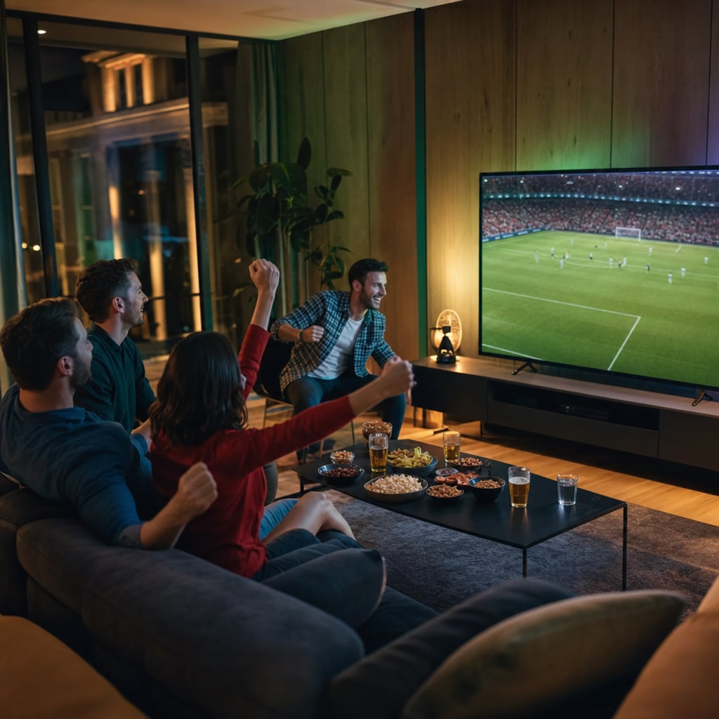 Freunde bei einer stilvollen Fußball-Watch-Party mit Snacks, Getränken und stimmungsvoller Matchday-Atmosphäre