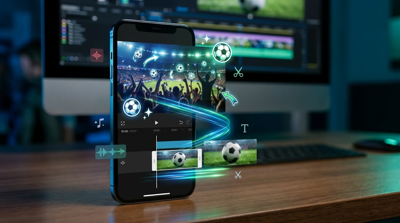 Vertikales Fußball-Status-Video mit kreativen Effekten, Musik und Textanimationen auf dem Smartphone