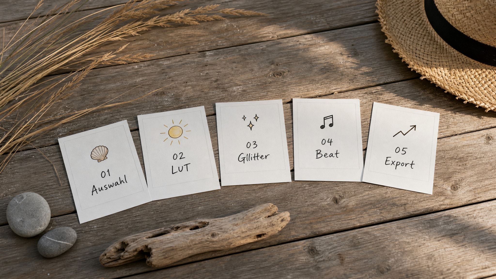 Fünf Polaroid‑Karten auf einem Holzboden eines Strandhauses, beschriftet mit den fünf Workflow‑Schritten Auswahl, LUT, Glitter, Beat und Export – Visualisierung des 5‑Schritte‑Workflows für ein 25‑Sek‑Beach‑Reel