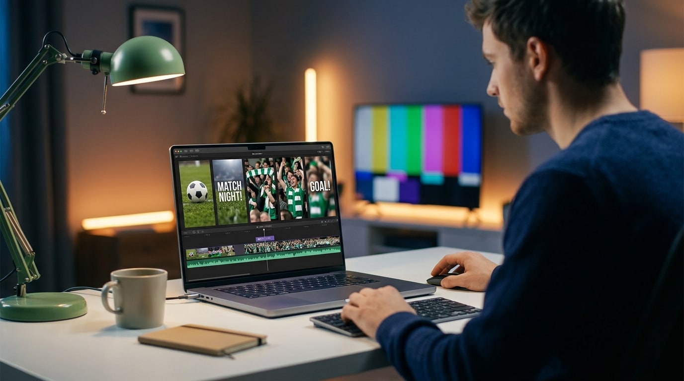 Junge Person erstellt ein Fußball-WhatsApp-Status-Video in einer Videobearbeitungssoftware auf dem Laptop