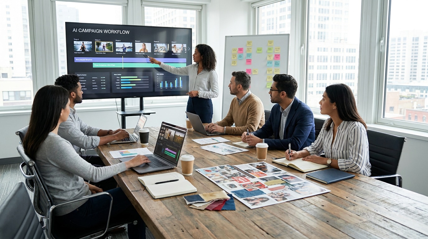 marketing-team mit bestehenden video-assets und ai-gestützter optimierung