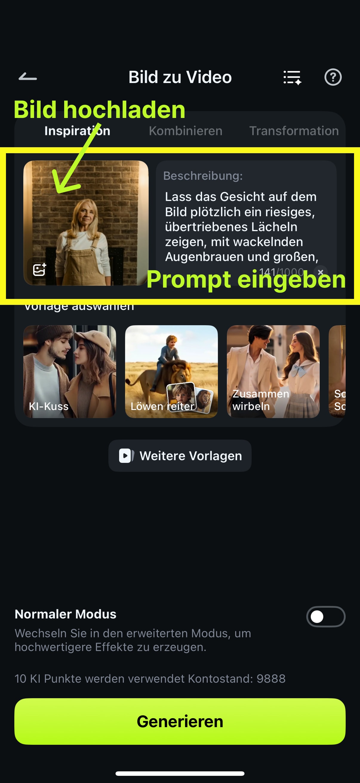 filmora gesichtsfilter app - bild hochladen und prompt eingeben