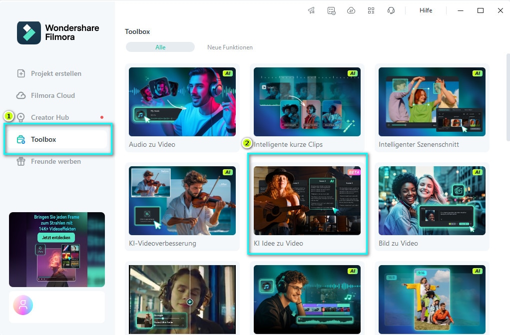 filmora ki video generator und editor oberfläche