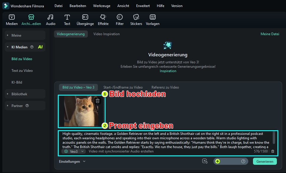 sprechende katze podcast video mit filmora generieren