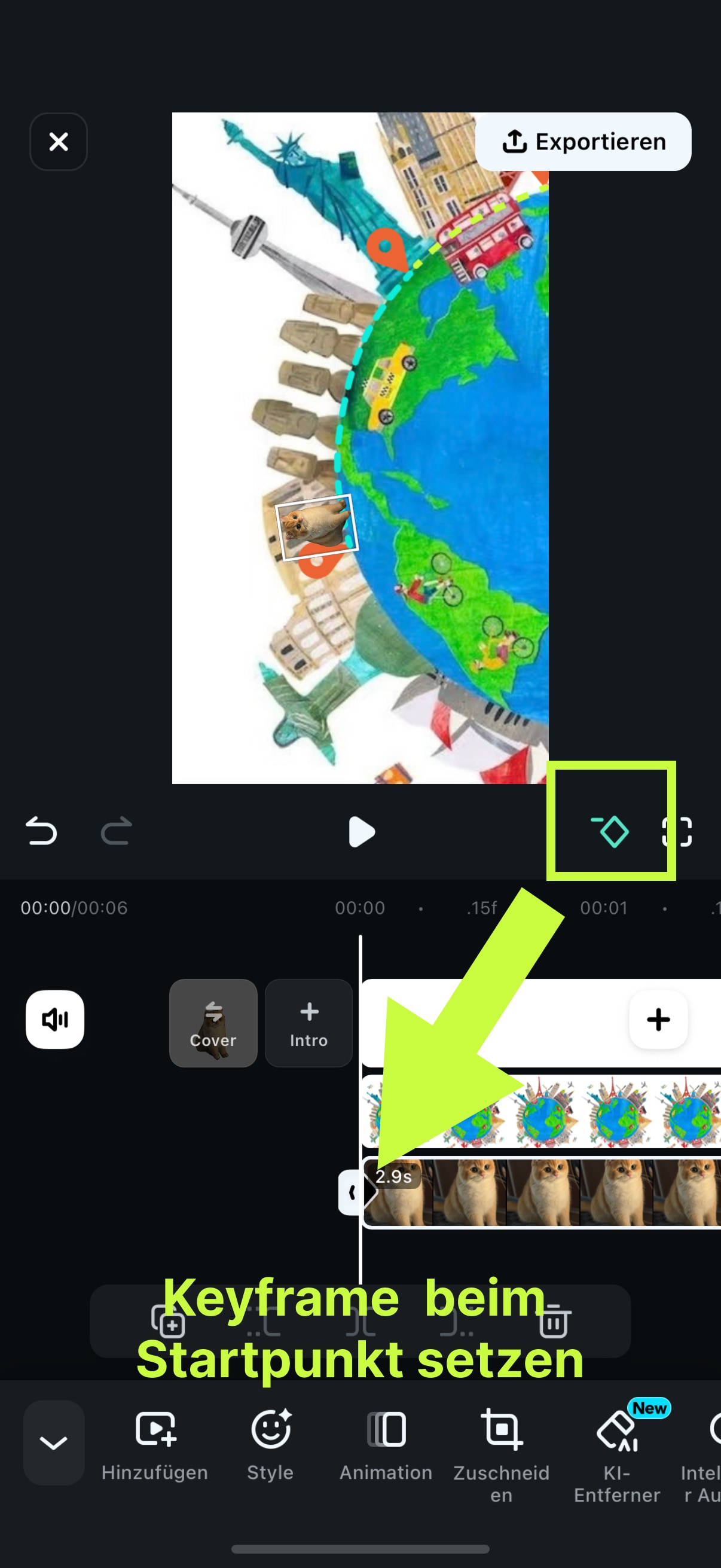 reiseroute animieren: keyframe setzen
