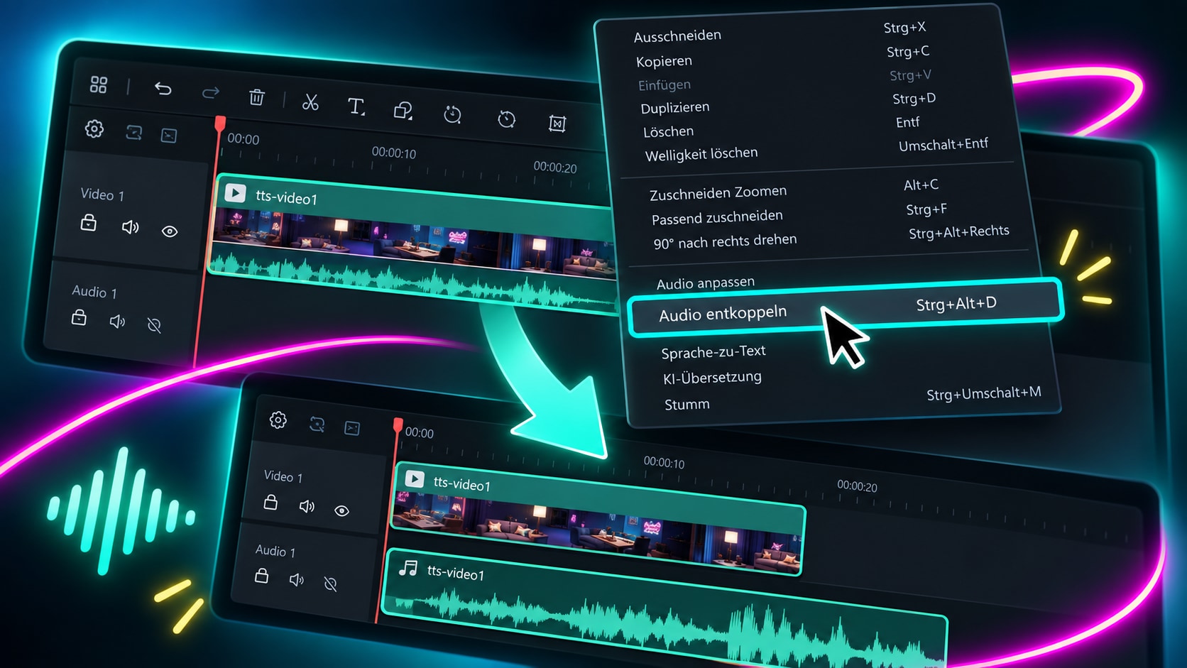 Audio in Filmora über die Funktion Audio entkoppeln vom Video trennen
