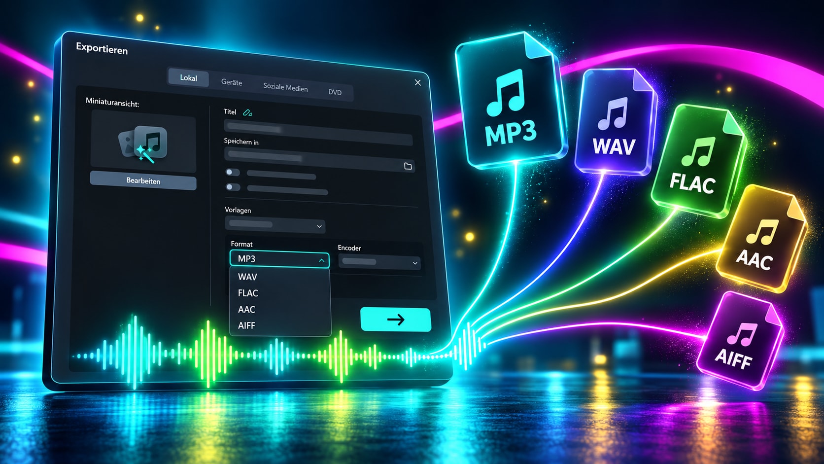 Extrahiertes Audio in Filmora als MP3, WAV, FLAC, AAC oder AIFF exportieren