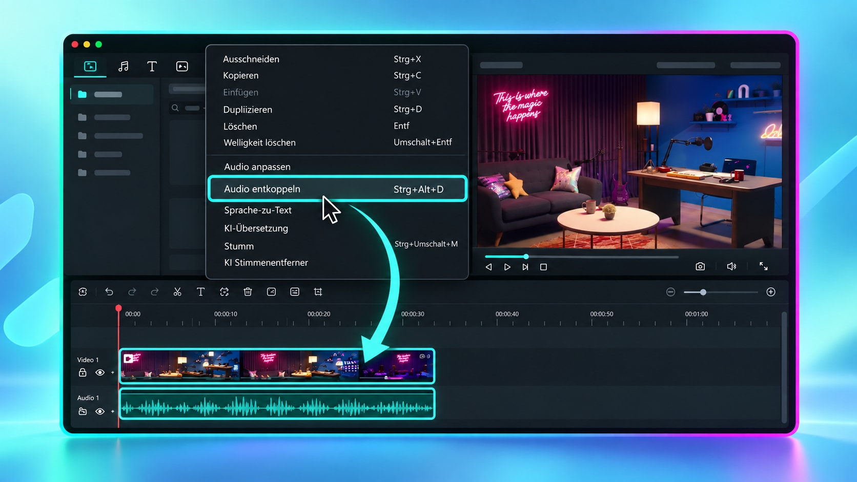 Audio in Filmora über das Kontextmenü vom Video entkoppeln