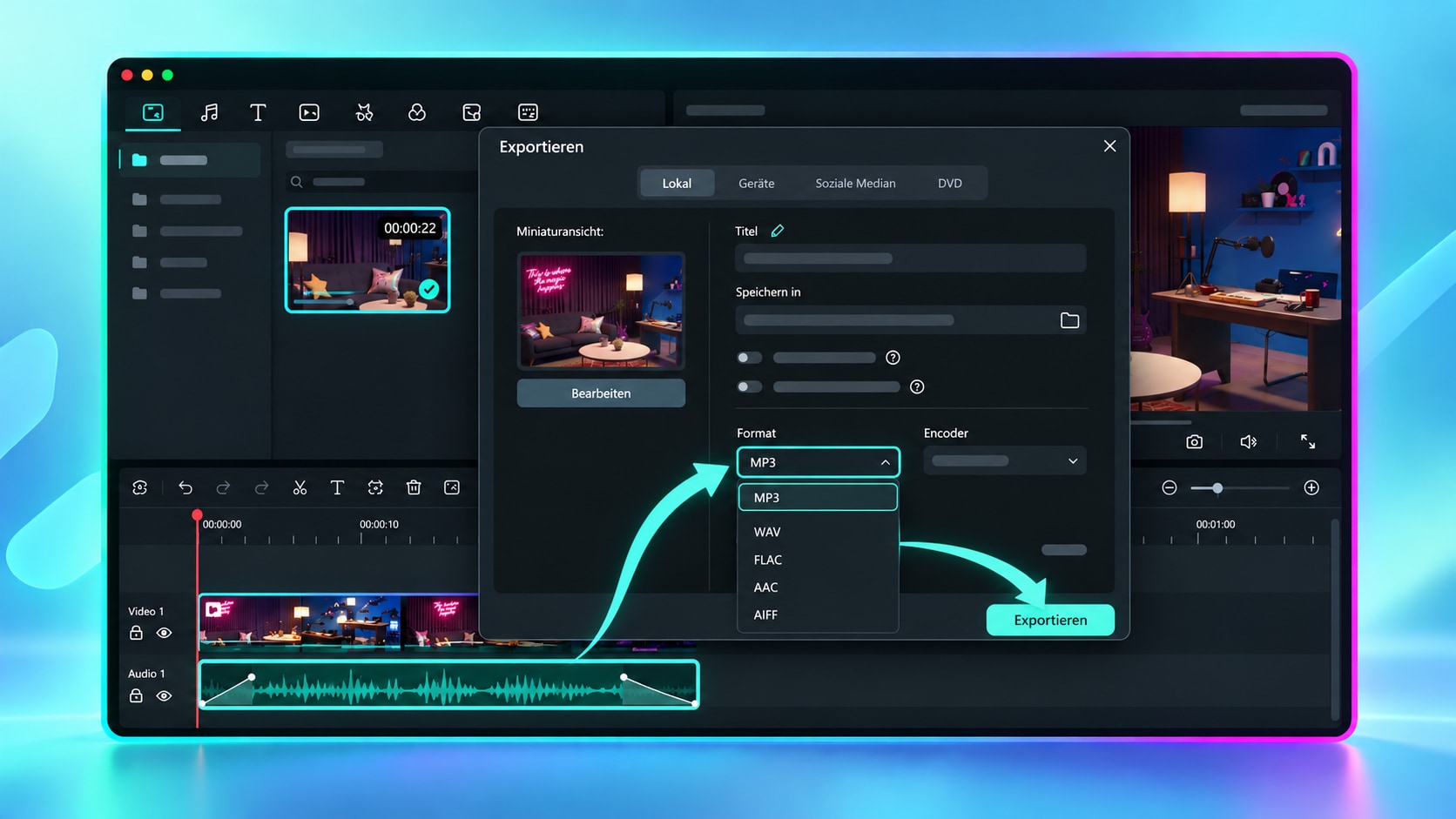 Extrahiertes Audio in Filmora als MP3 oder WAV exportieren