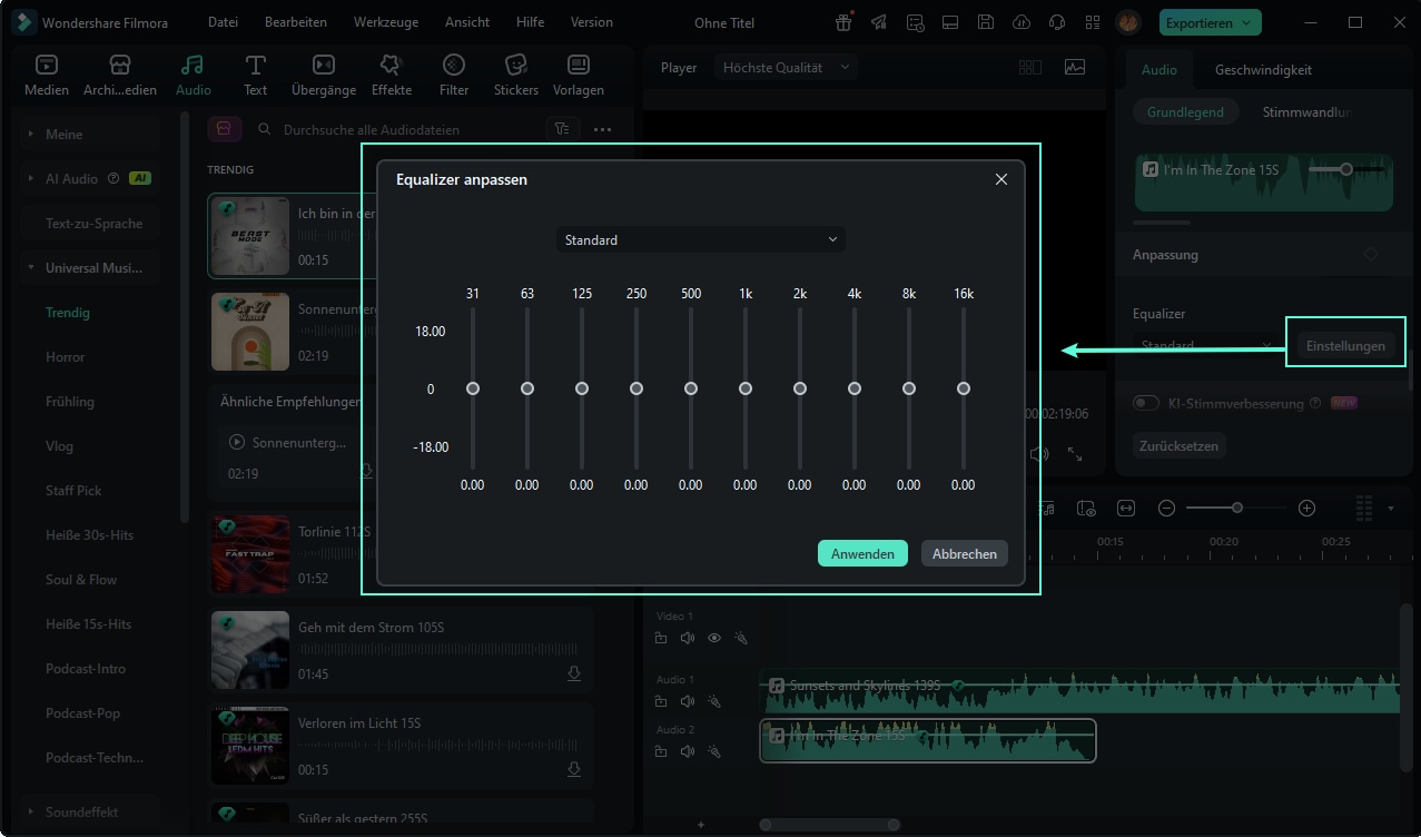 Mit dem Audio-Equalizer von Filmora können Sie die Klangeigenschaften Ihres Audios feinabstimmen.