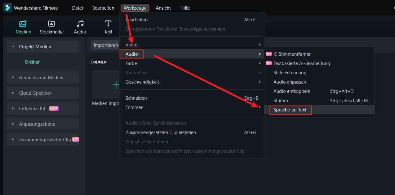 sprache zu text in filmora