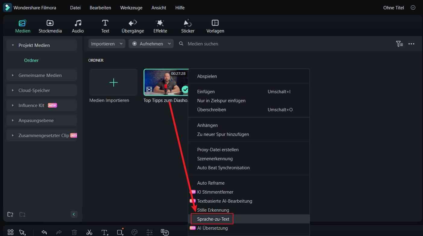 sprache zu text in filmora