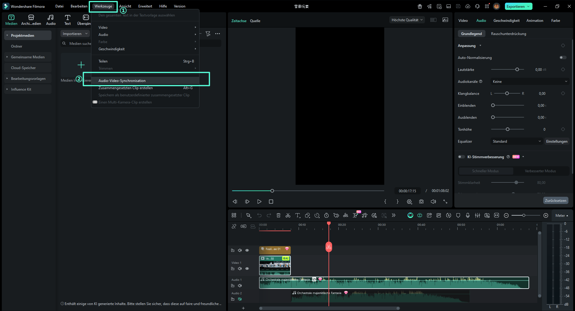Klicken Sie im Werkzeuge-Menü auf Audio-Video-Synchronisation.