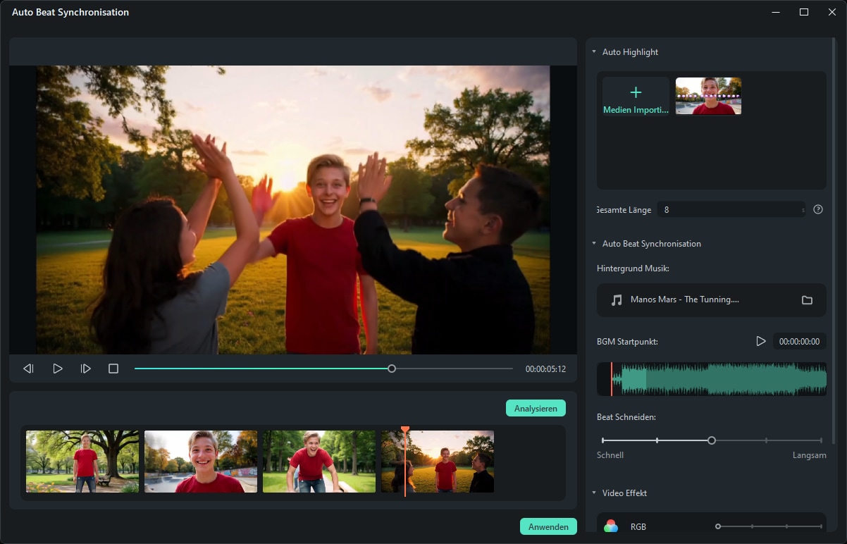 Filmora Auto Beat Sync Interface mit KI-Analyse