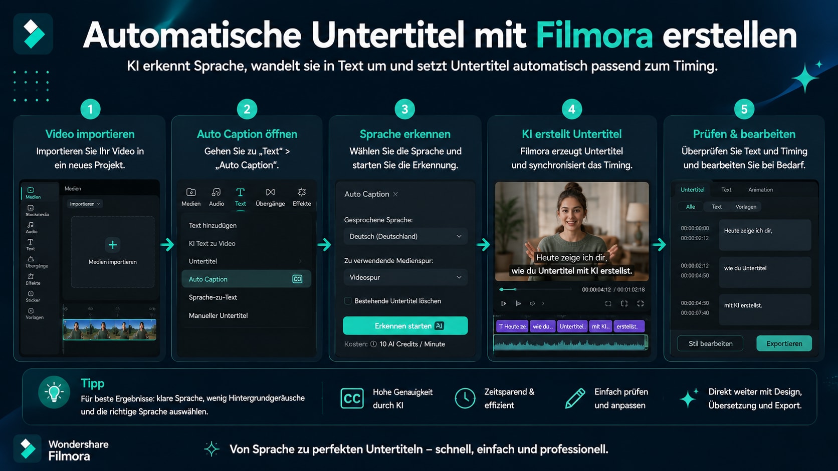 Auto Caption in Filmora starten und Sprache erkennen