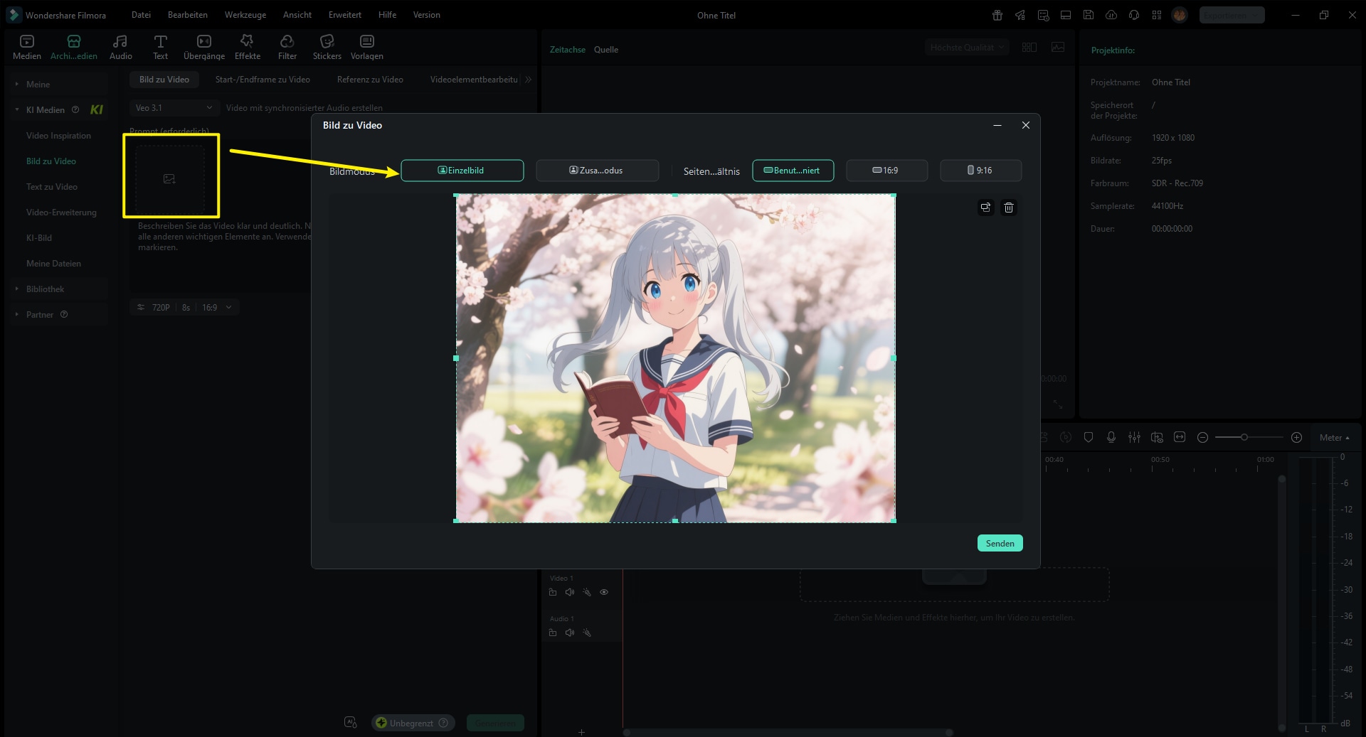Projekt starten und Bild zu Video öffnen