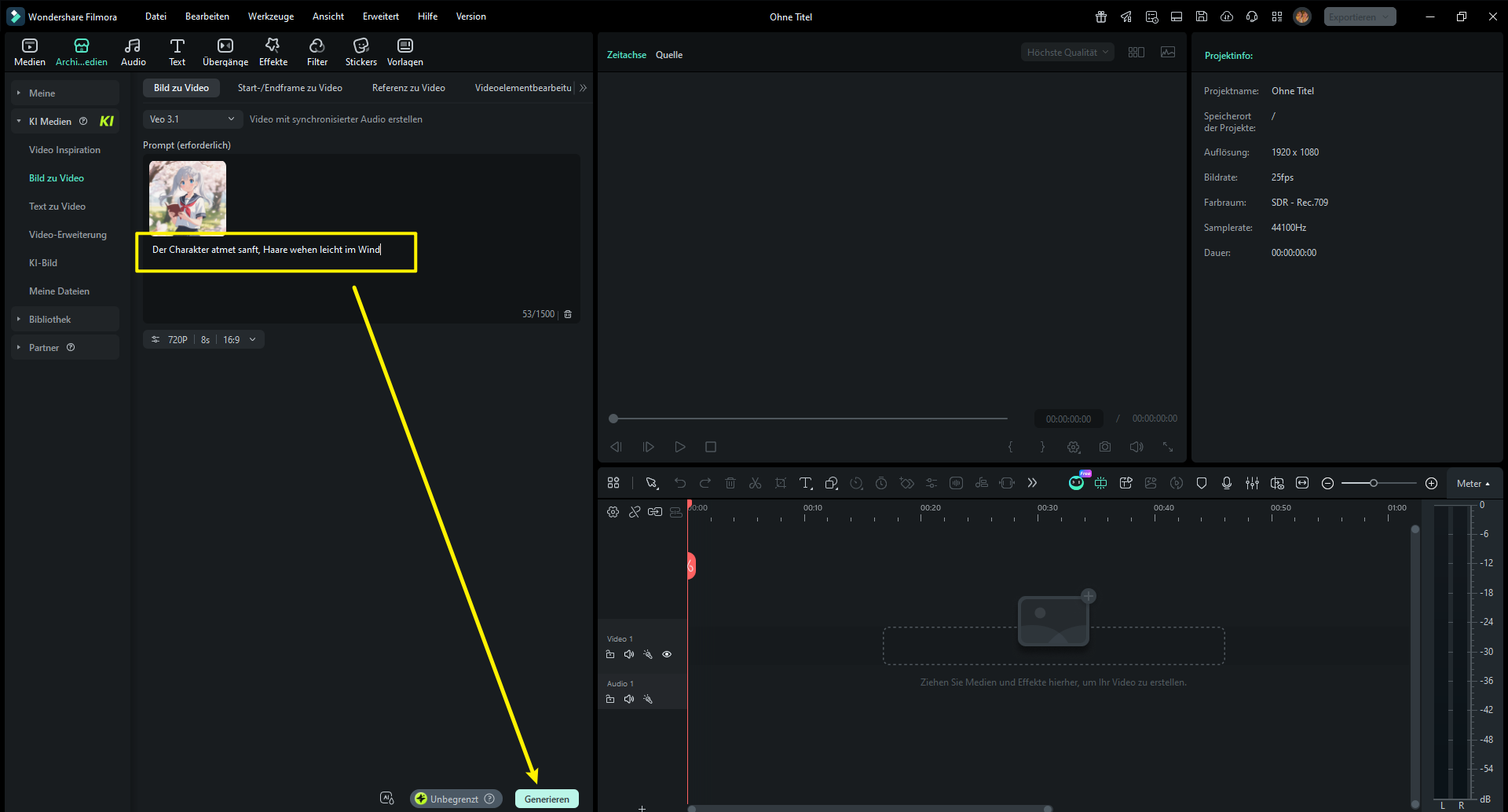 Prompt eingeben und Video generieren