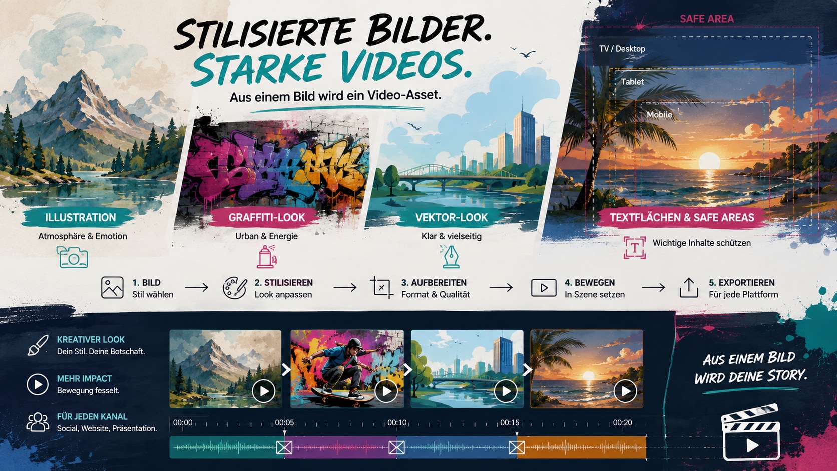 Stilboard für Video-Assets mit Illustration Graffiti-Look Vektor-Look Safe Areas und Filmora Timeline