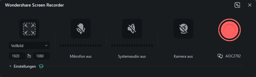 Wählen Sie den Speicherort für Ihr Video, legen Sie ein Zeitlimit für die Aufnahme fest und klicken Sie auf die rote Aufnahmetaste.
