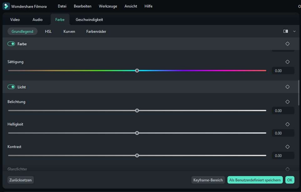  Farbvoreinstellungen in Filmora