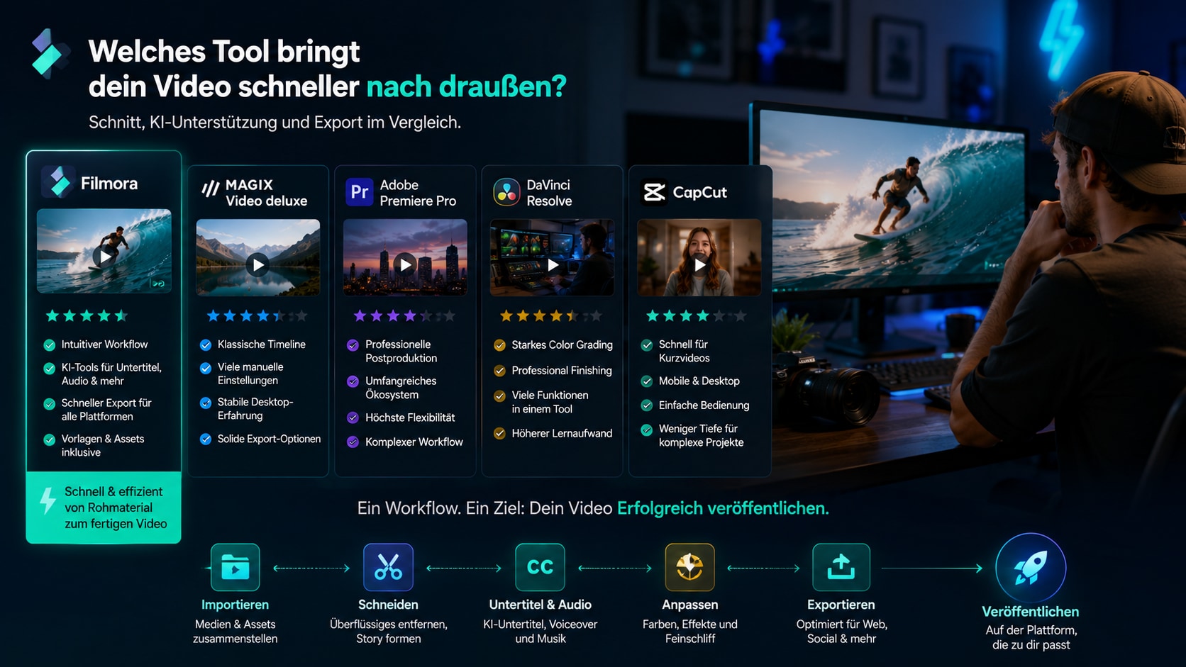 Filmora-Timeline mit Schnitten, Untertiteln und Audioanpassung in einem Arbeitsbereich