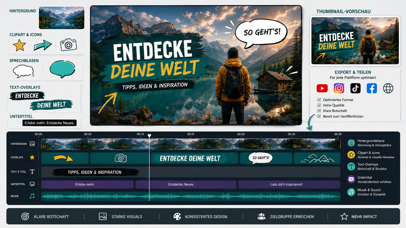 Filmora Timeline mit Hintergrund Clipart Text Overlay und Thumbnail Vorschau