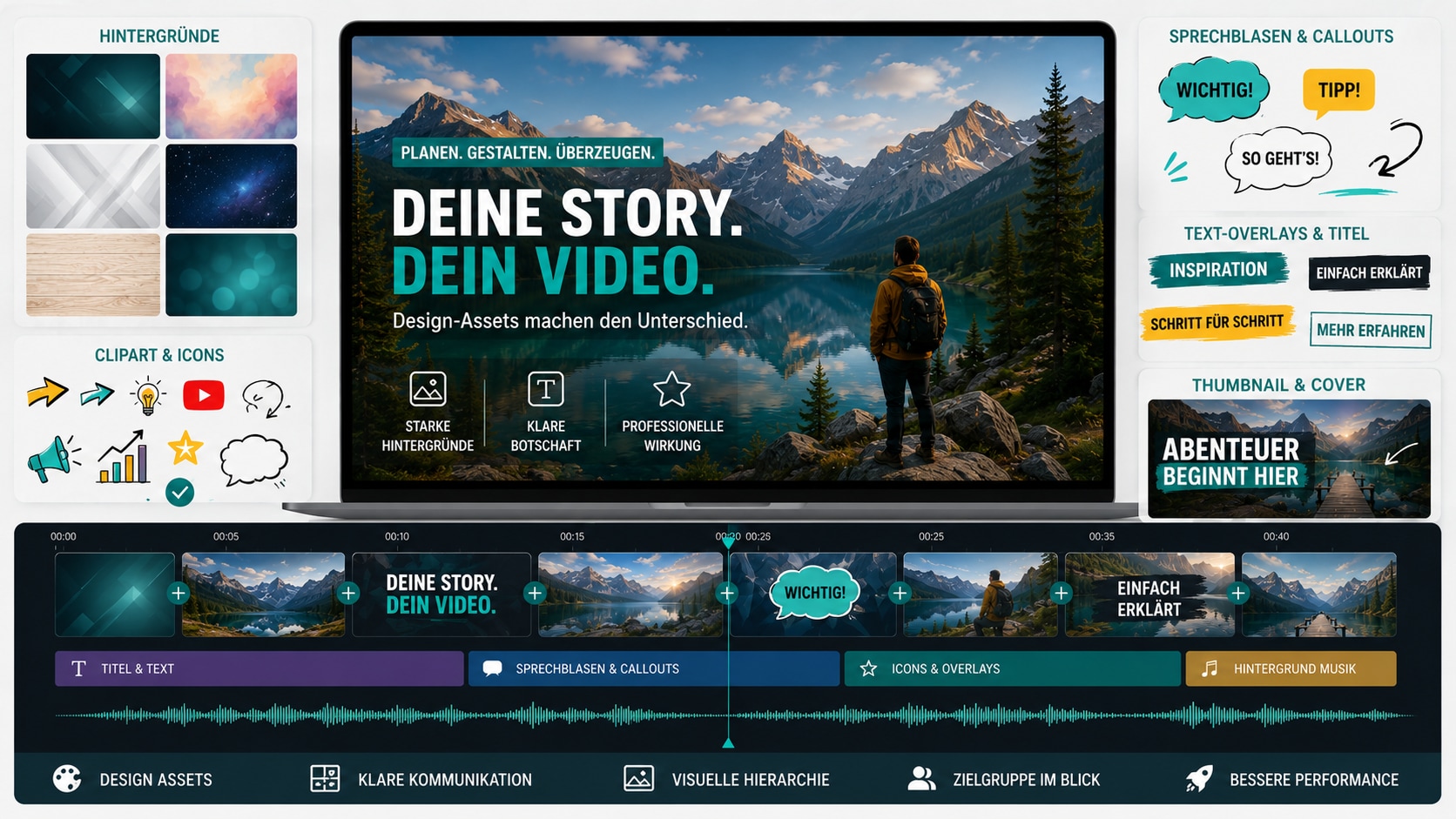 Design Assets für Videos mit Hintergründen Clipart Sprechblasen Text und Filmora Timeline