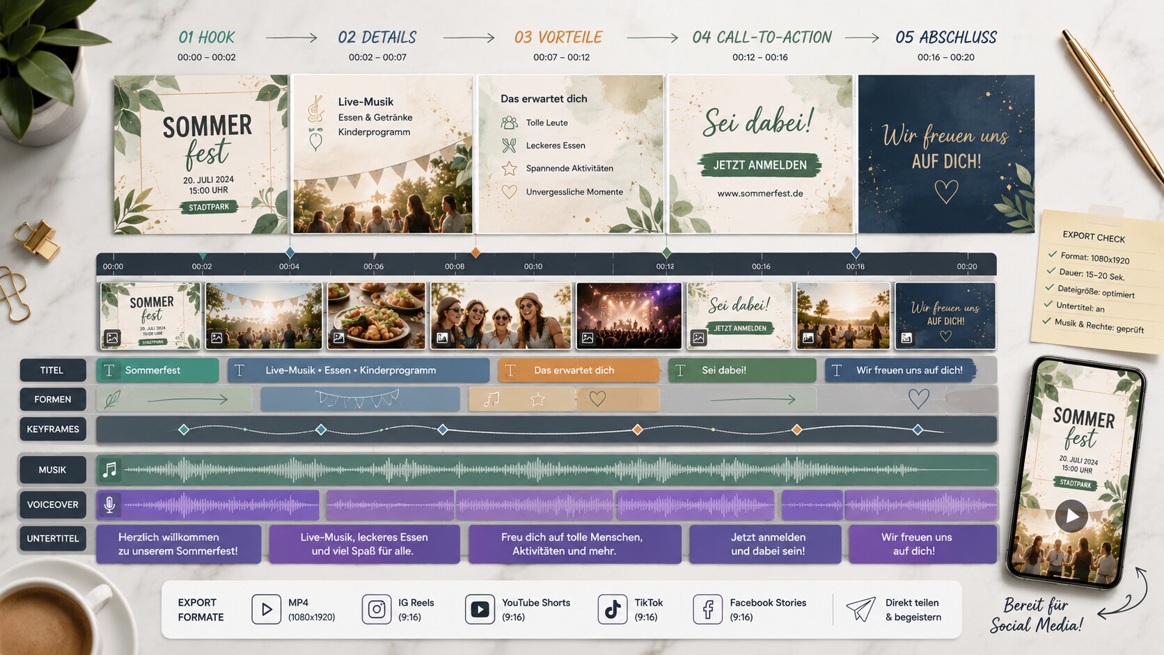 Filmora Timeline mit Designbildern Titeln Formen Keyframes Musik Voiceover Untertiteln und Export