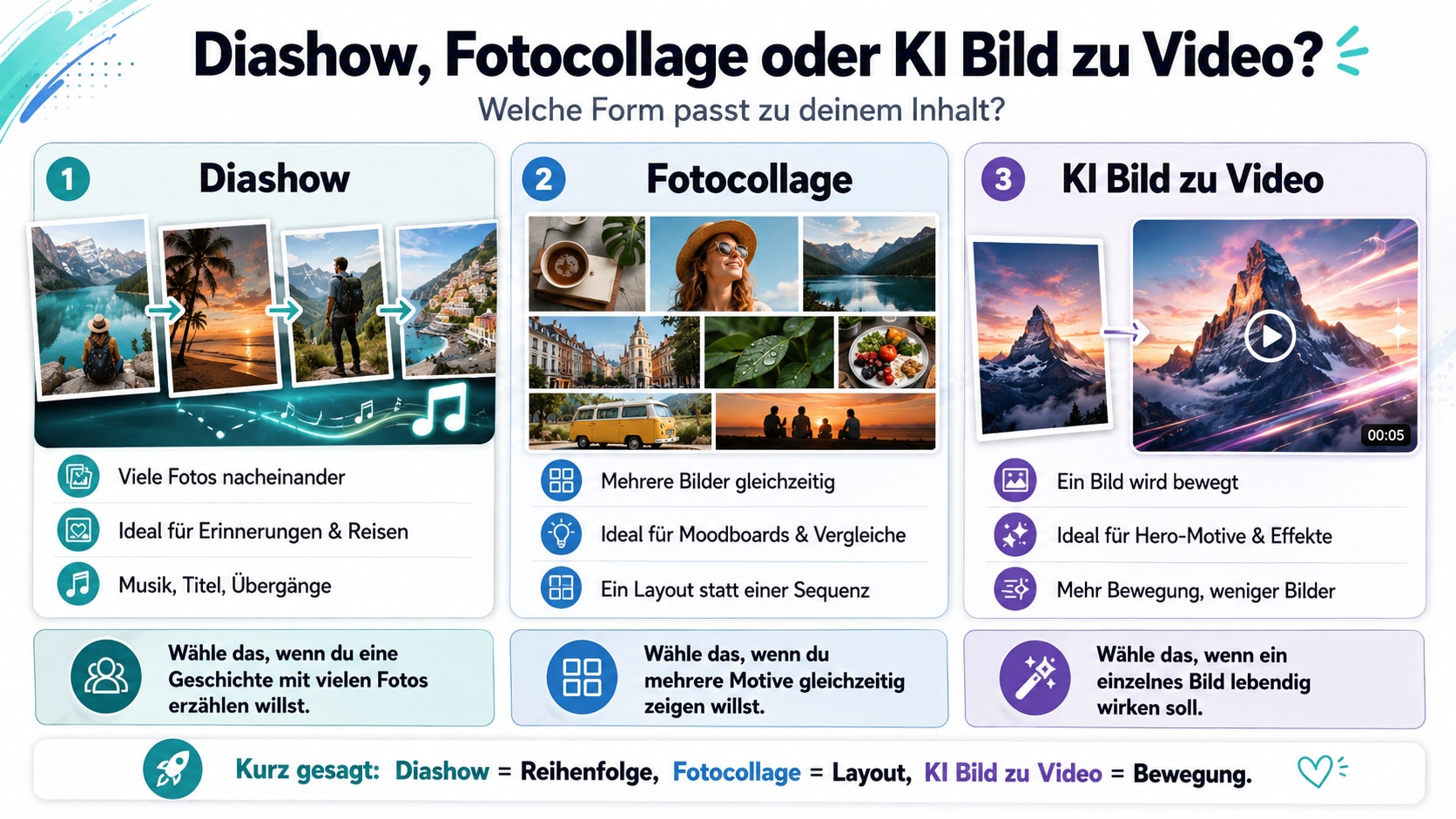 Vergleich von Diashow Fotocollage und KI Bild zu Video