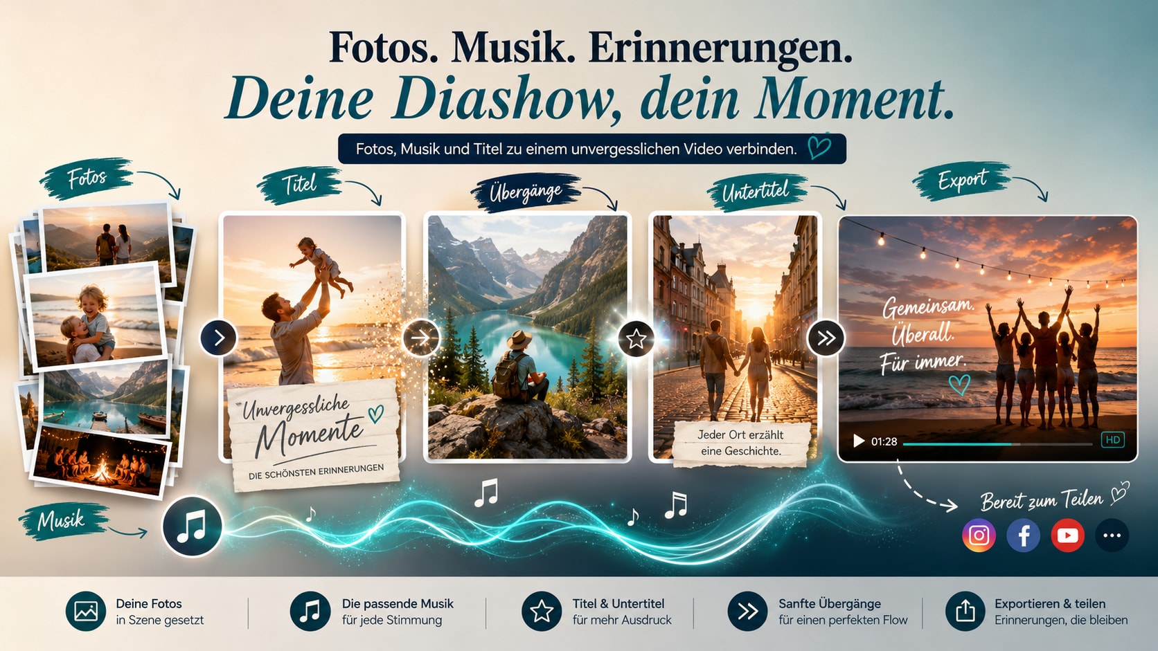 Filmora Timeline mit Foto Clips Musikspur Titeln Uebergaengen und Exportvorschau