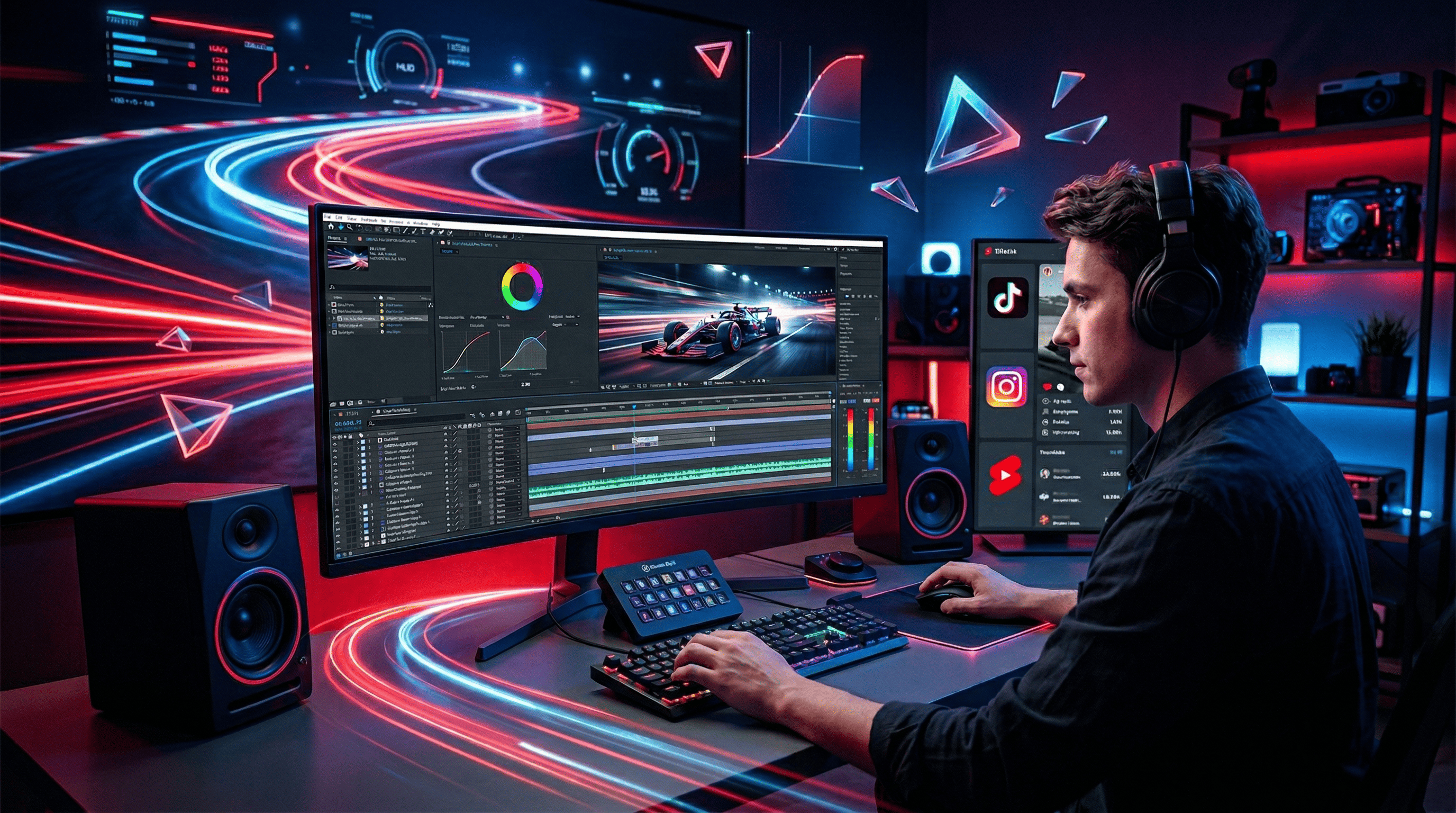 Dynamische Bearbeitungsszene mit Video-Timeline, 3D-Animationselementen und F1-inspirierten Lichtspuren, zeigt schnelle Edits, Motion Graphics und moderne Social-Media-Postproduktion.