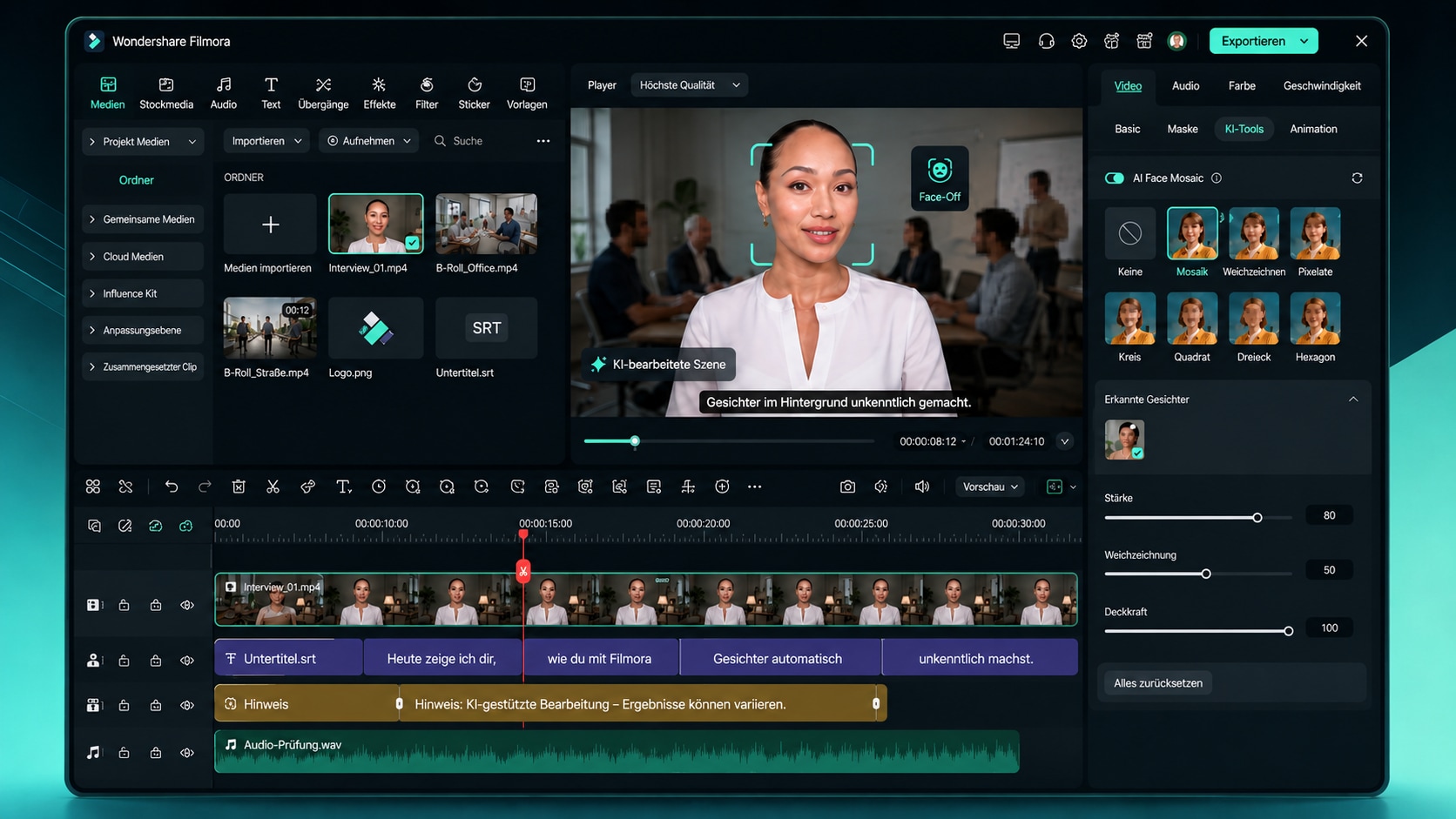 Filmora Timeline mit Face-Off AI Face Mosaic Untertiteln Kontext Hinweis Vorschau und Export