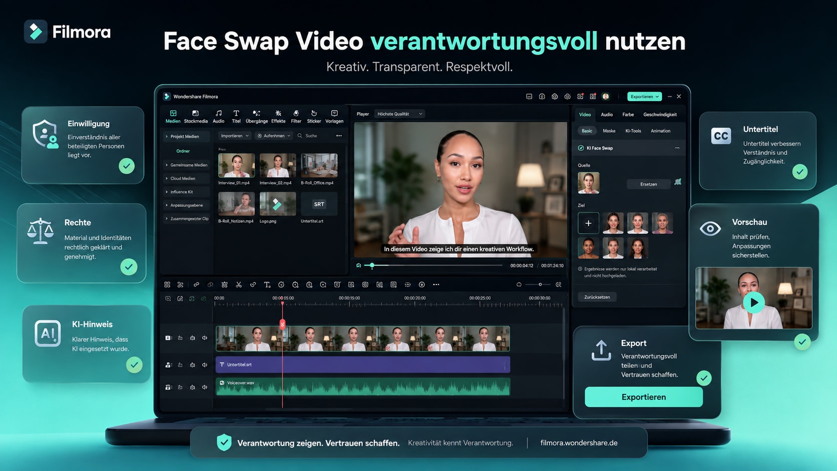 Face Swap Video verantwortungsvoll mit Filmora bearbeiten und vor Veröffentlichung prüfen
