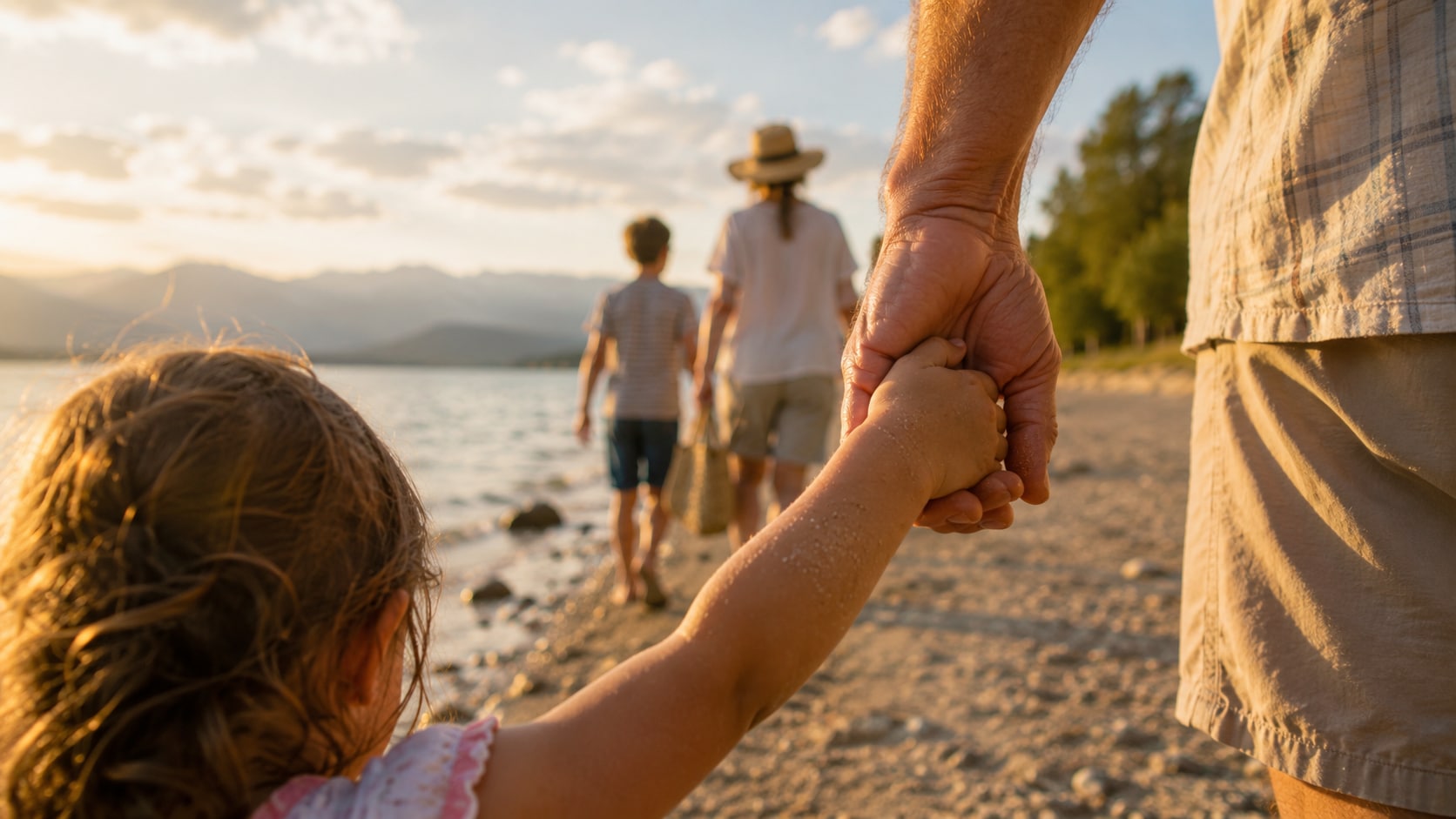Kindperspektive auf warmen Sand, Opa-Hand haelt Kinderhand