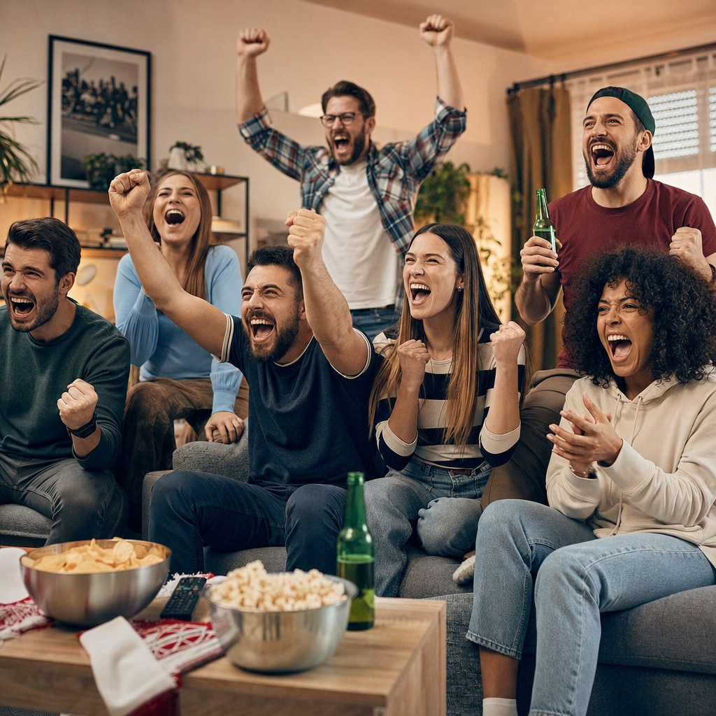Freunde feiern gemeinsam einen emotionalen Fußballmoment in starker Fan-Atmosphäre