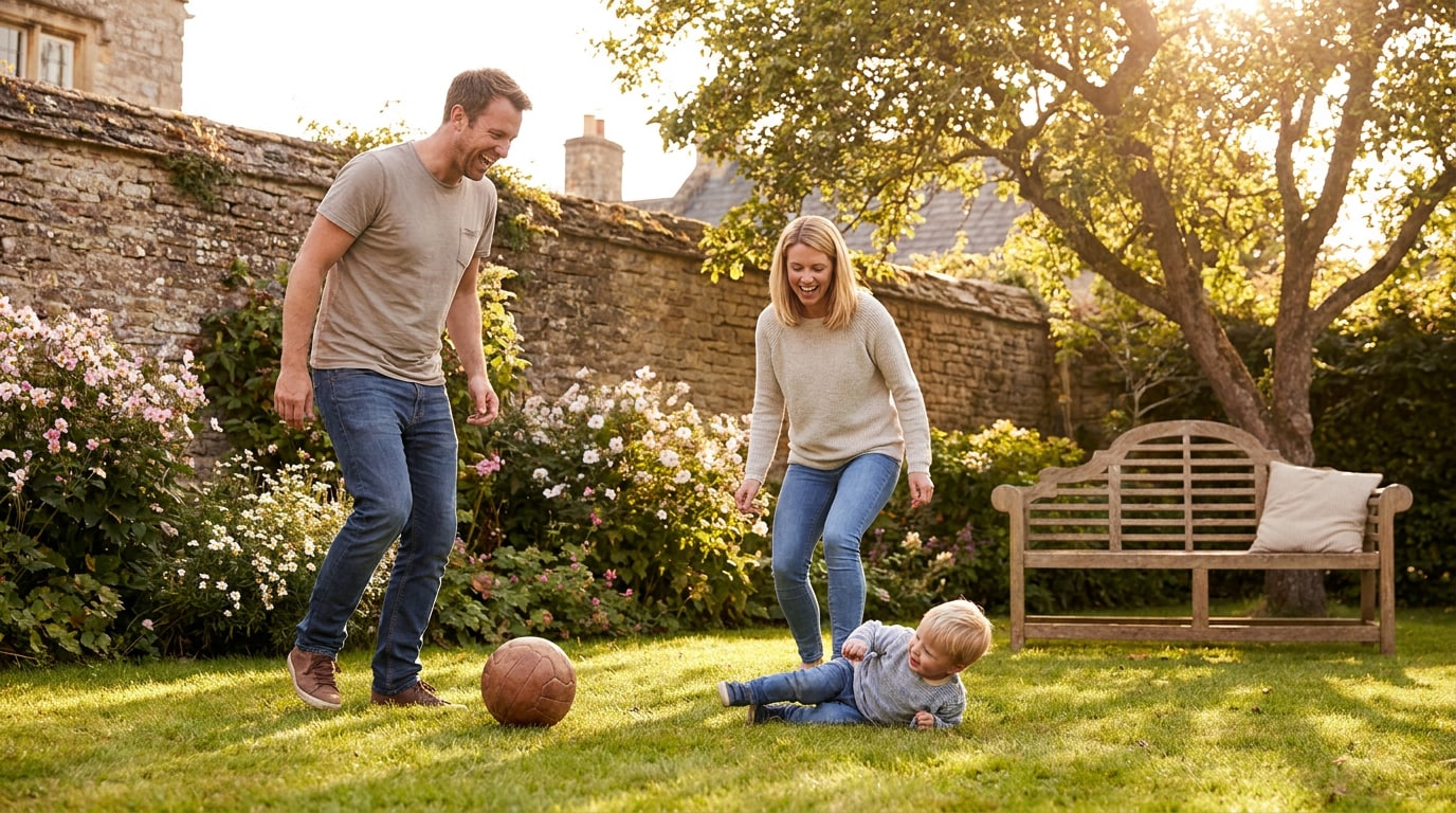Bildplatzhalter für Familie und Kind mit Fußball im Garten