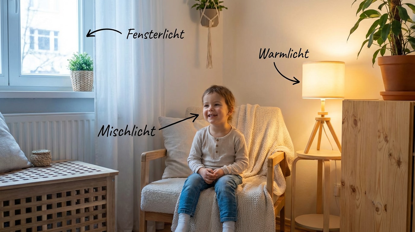 Fensterlicht und Warmlicht erzeugen Mischlicht im Innenraum