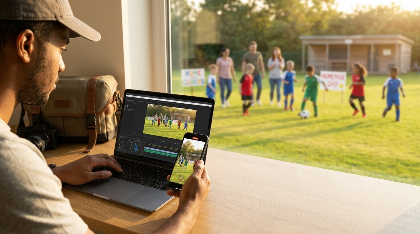 Sports-Event-Recap-Video für einen Community Club wird auf Laptop und Smartphone bearbeitet