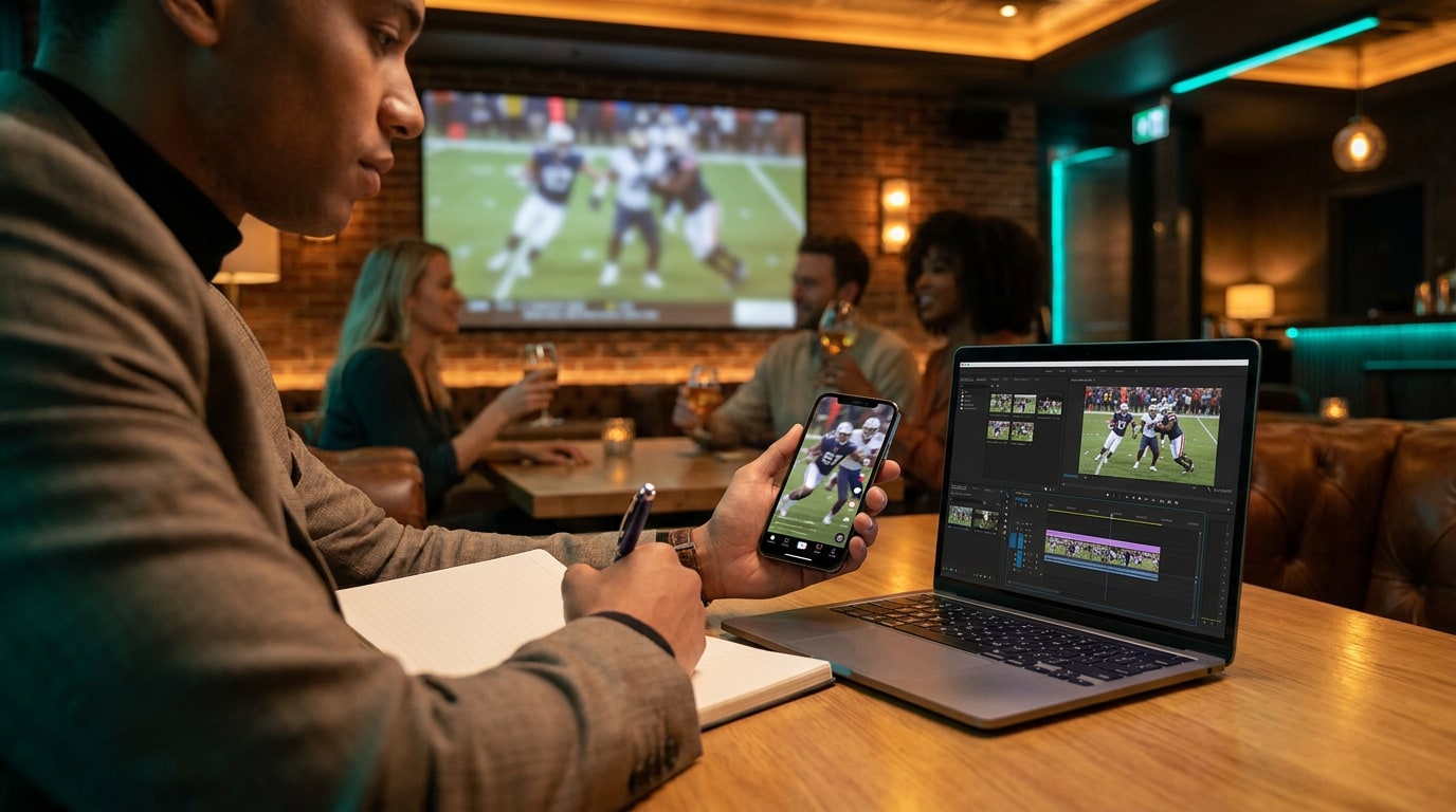 Promo-Video für eine Fußball-Watch-Party wird auf Laptop und Smartphone bearbeitet