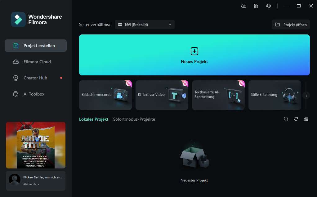 Wondershare Filmora neues Projekt