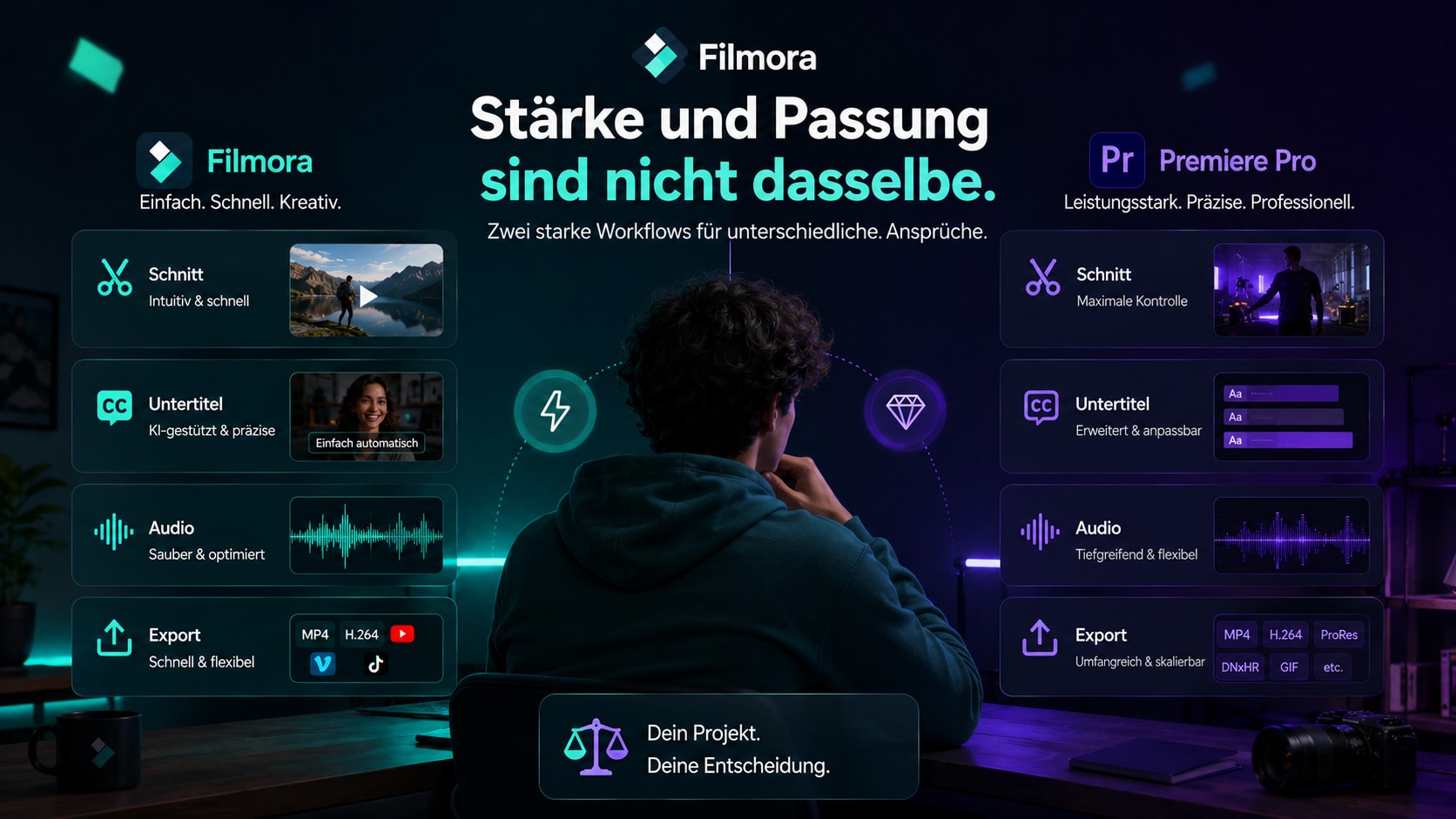 Vergleich von Filmora und Adobe Premiere Pro mit Fokus auf Schnitt, Untertitel und Export
