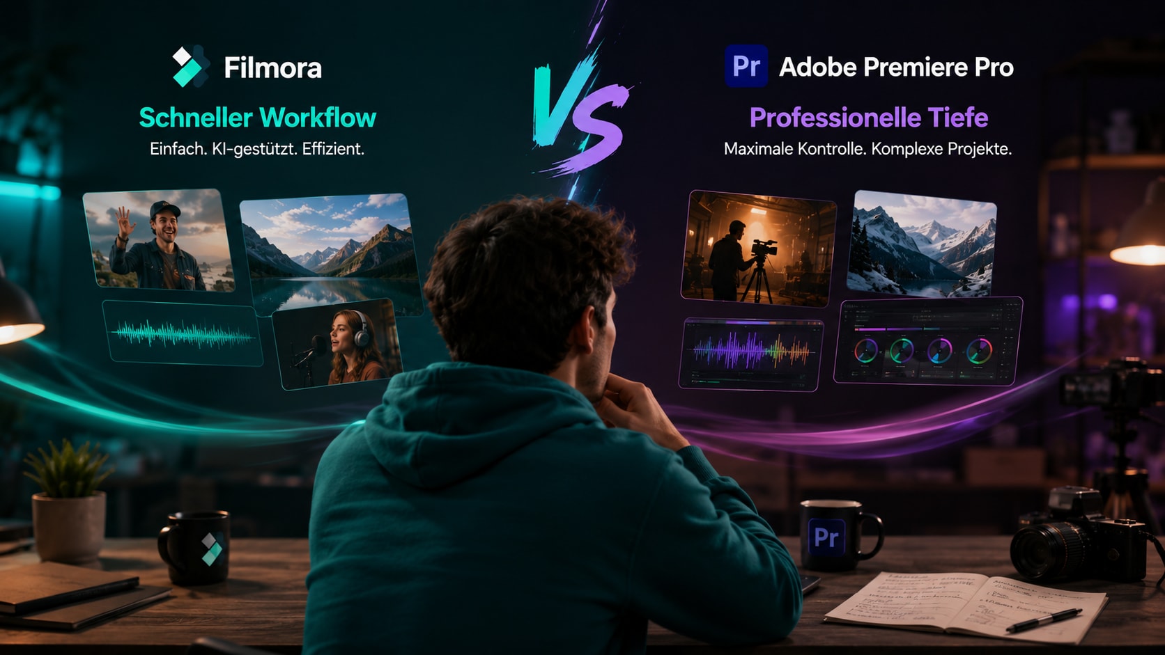 Filmora und Adobe Premiere Pro im Vergleich mit Zeitleiste und Exportbereich