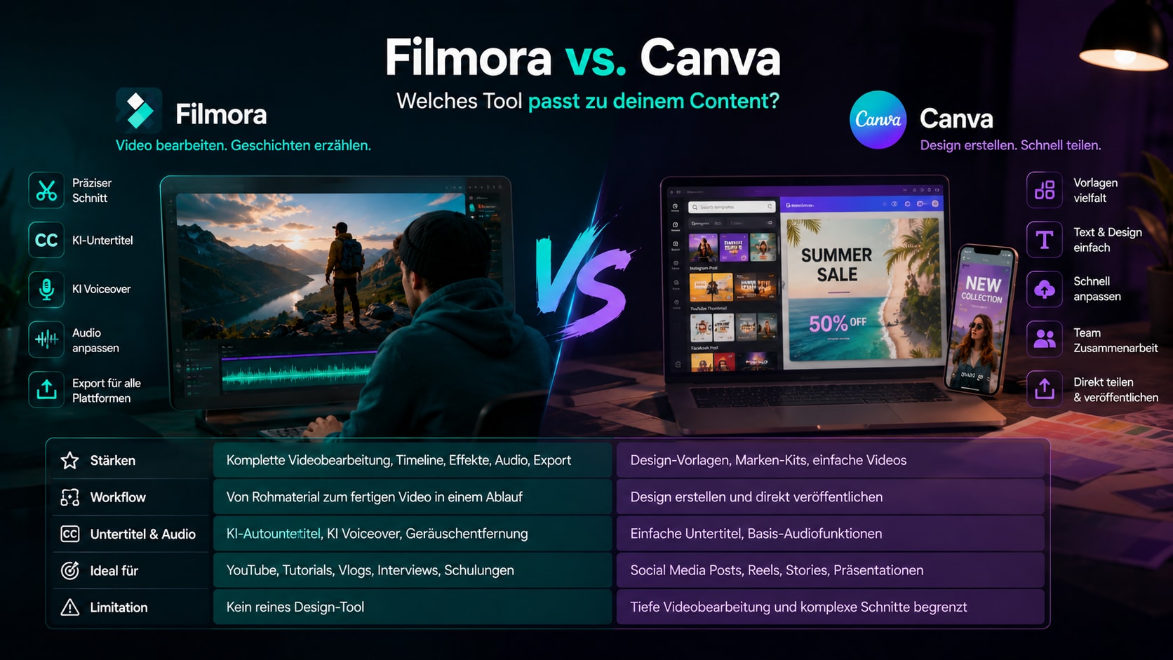 Vergleich von Filmora und Canva mit Fokus auf Video, Untertitel und Design
