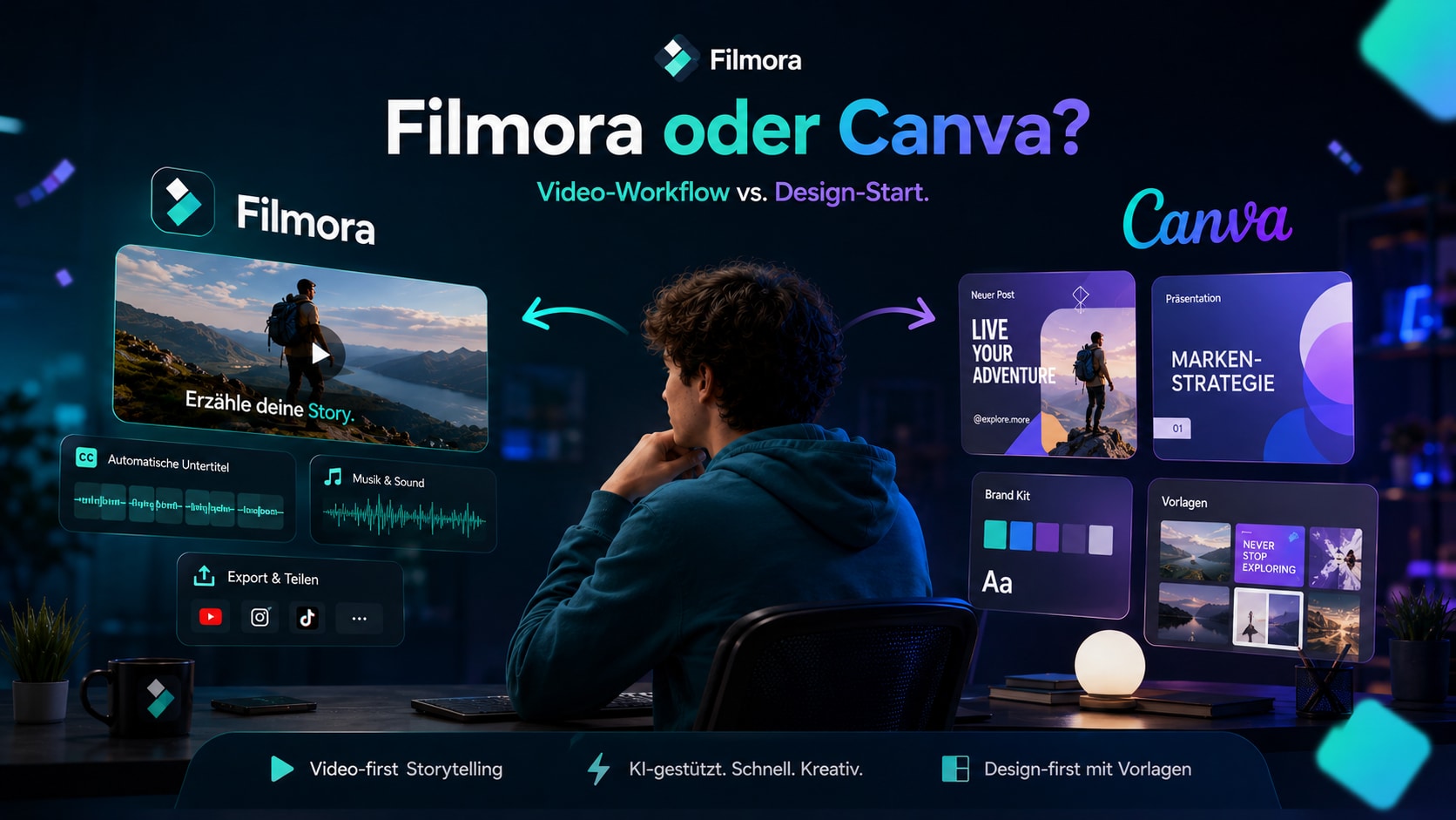 Filmora und Canva im Vergleich mit Video-Workflow und Design-Ansatz