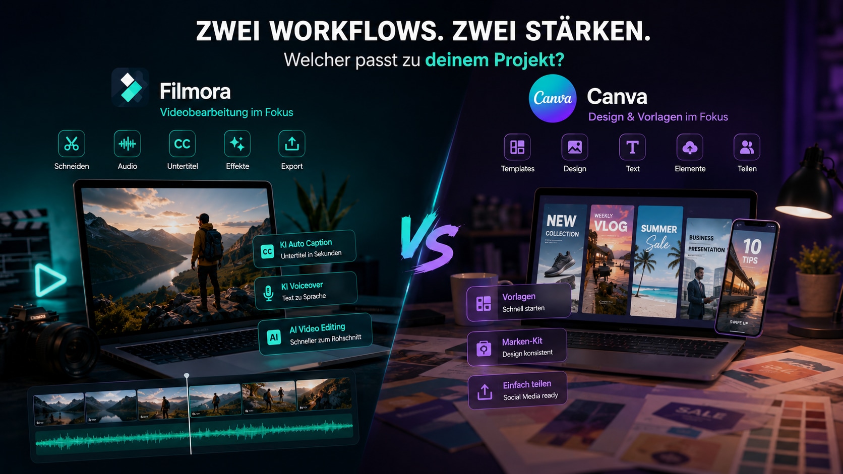 Filmora versus Canva im Workflow mit Videobearbeitung und Design-Templates