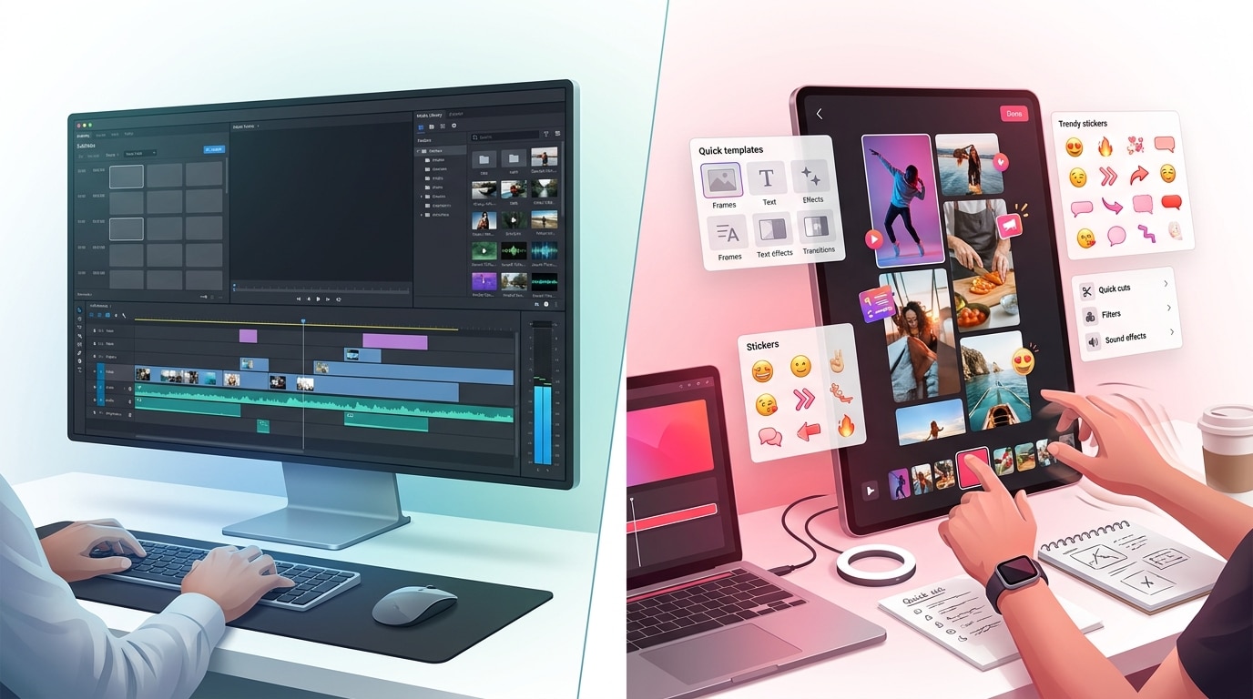 Visual zu Filmora vs CapCut bei Desktop-Workflow und social-orientierter Videoerstellung