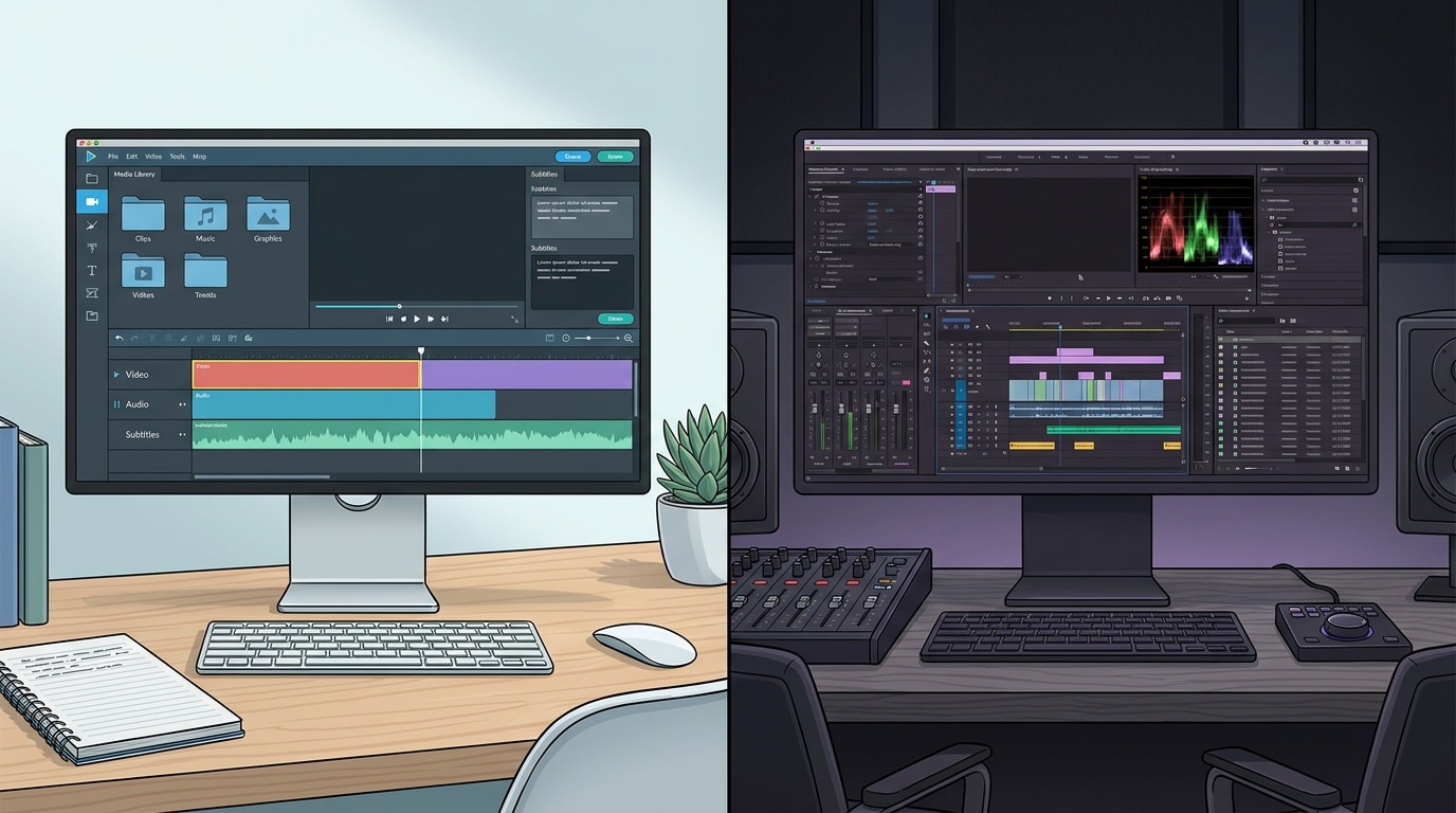 Visual zu Filmora und Adobe Premiere Pro bei Desktop-Workflow, Lernkurve und Bearbeitungstiefe